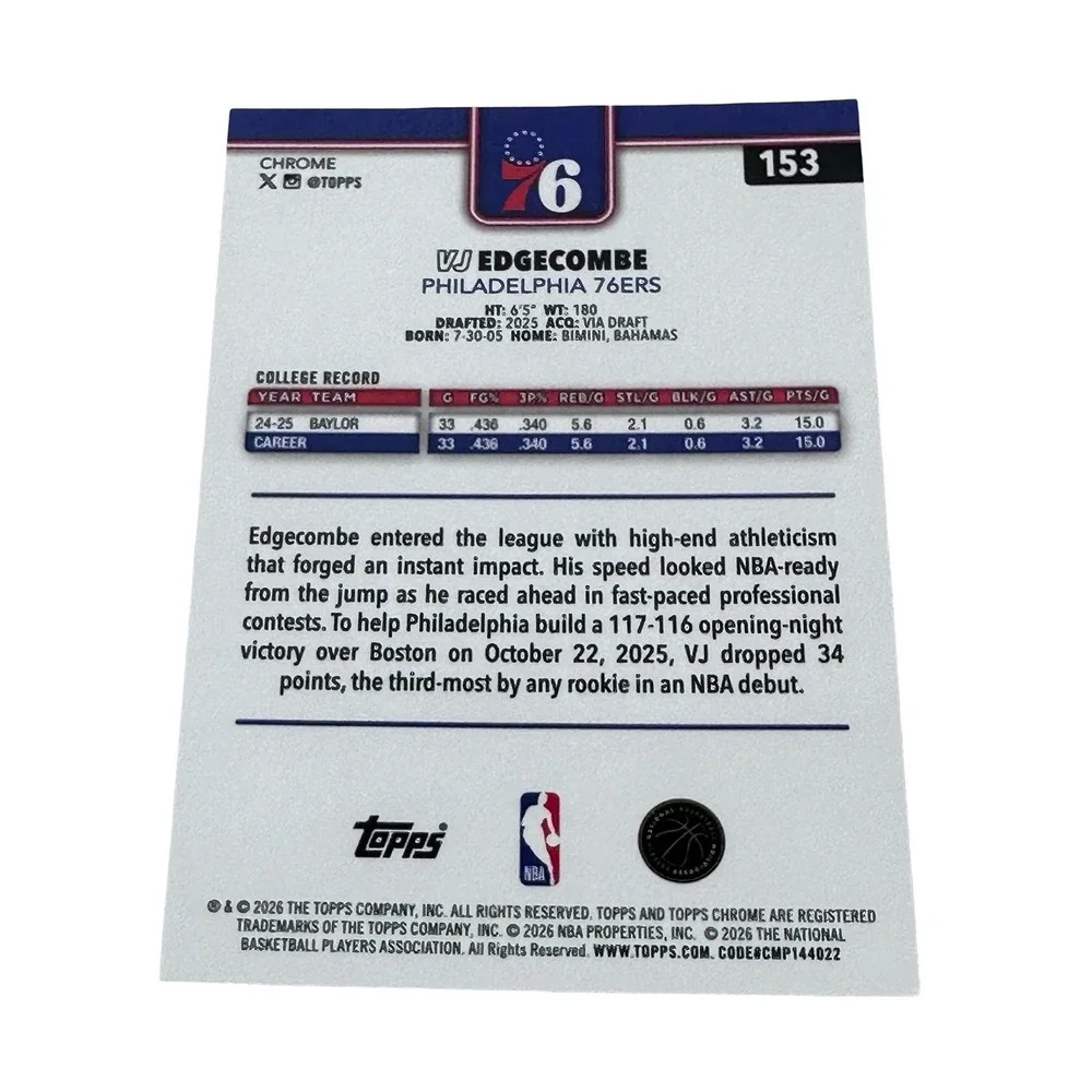 2026 Topps Chrome Update VJ Edgecombe Philadelphia 76ers Rookie Card RC #153